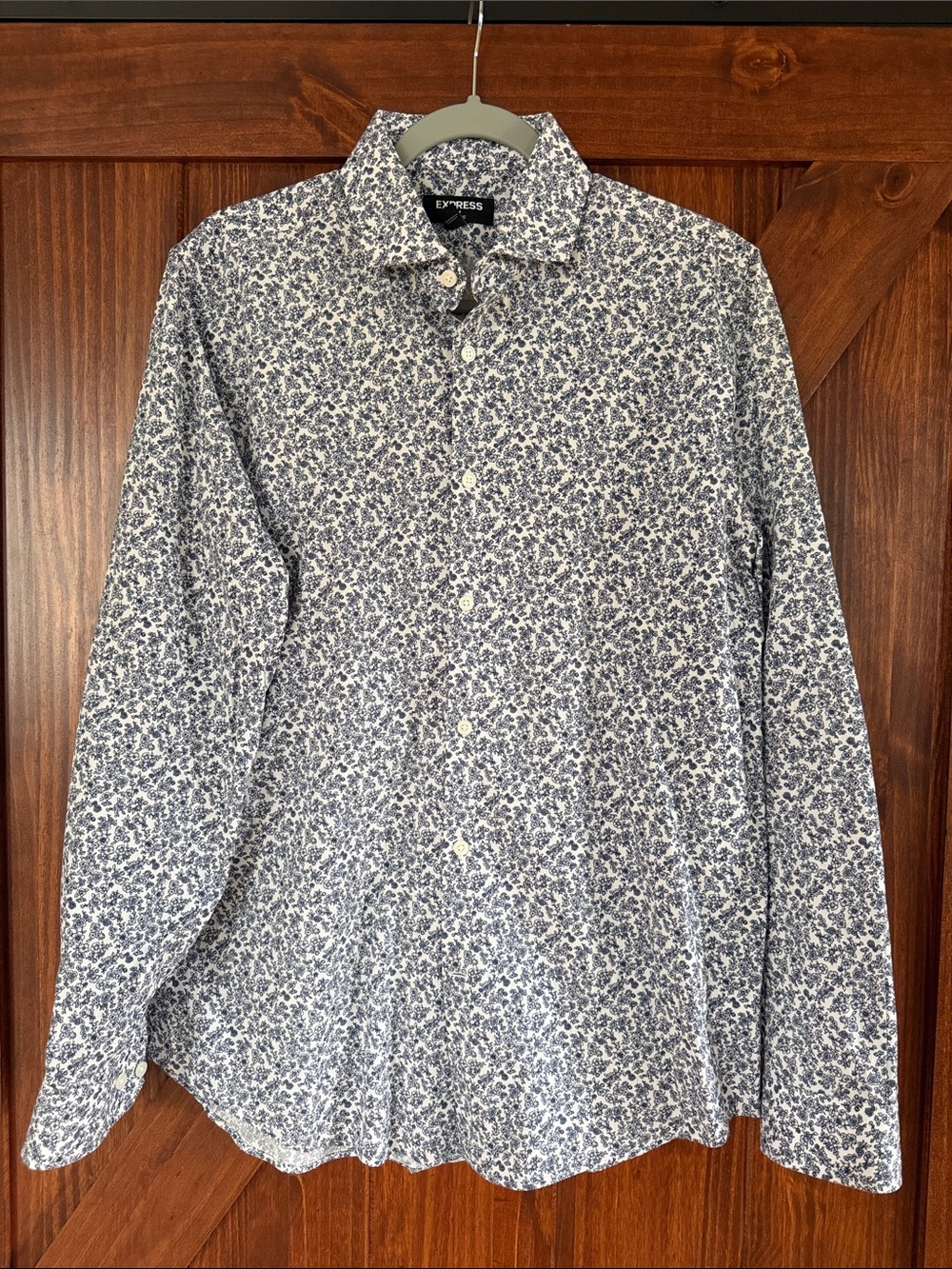 Express Men’s White and Blue Micro Floral Button-Down Shirt